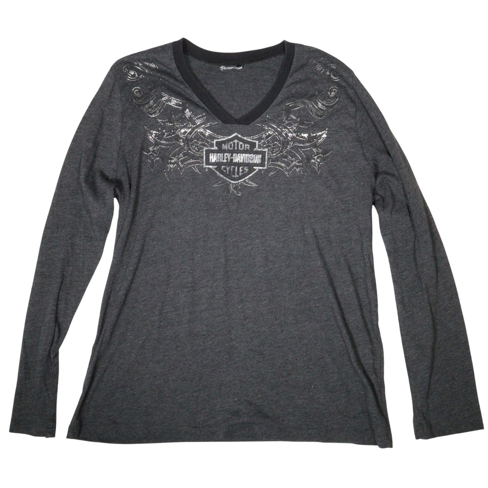 Vtg Y2K Harley-Davidson Shirt Long Sleeve Graphic Grunge Monterey Gray Women L